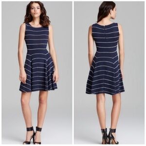 Alice + Olivia Dress Fit and Flare Bolton Ottoman Emboss Pinstripe Navy Stripes